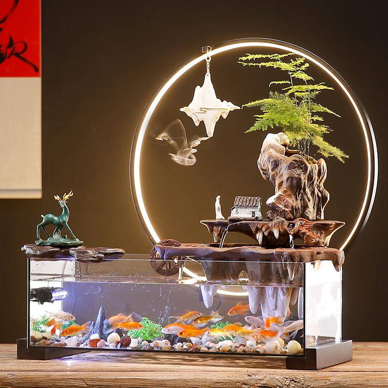 创意免换生态玻璃鱼缸循造景山流水摆件环RDJ水水客厅办公室装饰