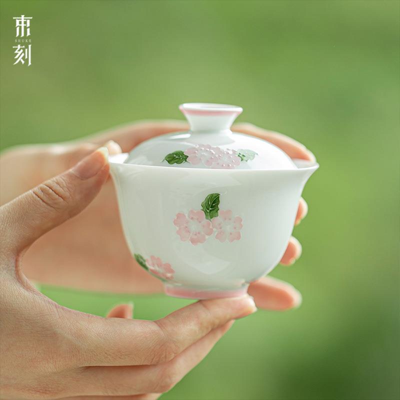 束刻白瓷玉泥纯手绘花蕊福灵二才盖碗薄胎不烫手陶瓷茶具泡茶碗