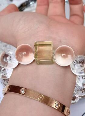 天然双a等级 17mm左右白水晶牛鼻孔配15mm左右黄水晶方糖单圈手串