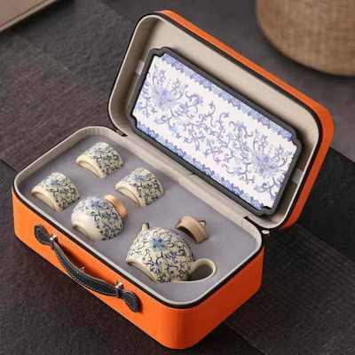 便携式户外汝窑青花陶瓷旅行茶具套装一壶四杯带茶盘茶叶罐伴手礼