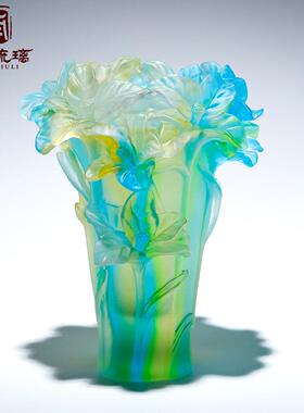 高端琉璃浮雕兰花花瓶烛台笔筒水晶艺术摆件定制客厅轻奢高档装饰