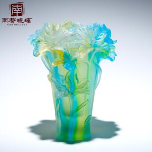 高端琉璃浮雕兰花花瓶烛台笔筒水晶艺术摆件定制客厅轻奢高档装饰