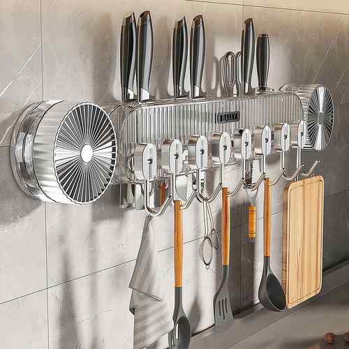 厨房吸盘挂钩一排免打孔多功能滑轨锅铲勺子