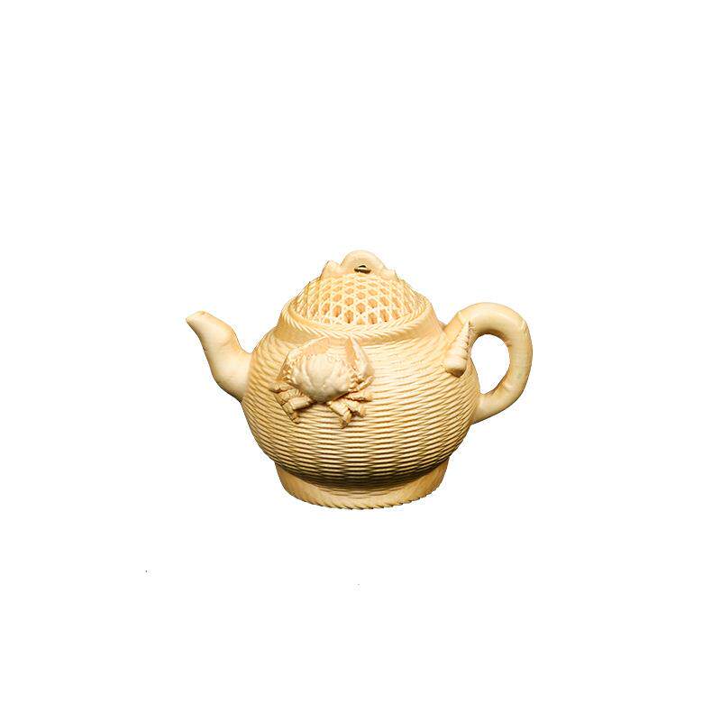 厂家直供黄杨木雕刻竹篓壶茶壶木雕木质工艺品手把件摆件