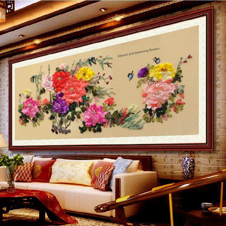 手工缎带刺绣绽放富贵春客厅大型挂画中国风格牡丹不交叉展示