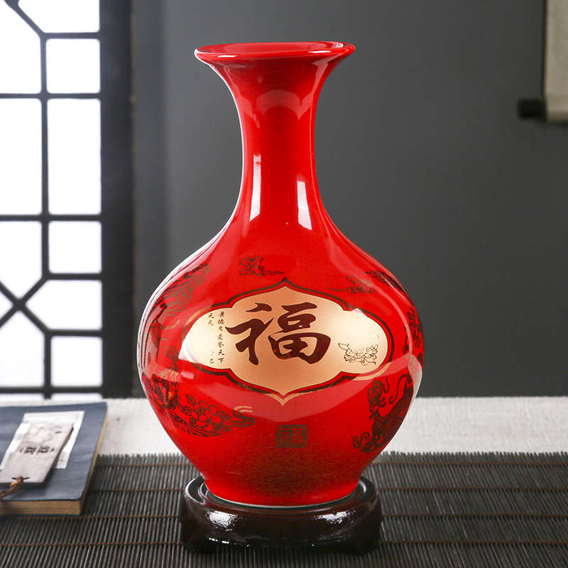 景德镇陶瓷器中国红花瓶现代居家客厅插花博古架工艺品装饰品摆件