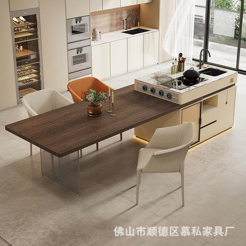 岩板岛台餐桌茶桌一体带电磁炉可伸缩开放式厨房多功能悬浮感岛台