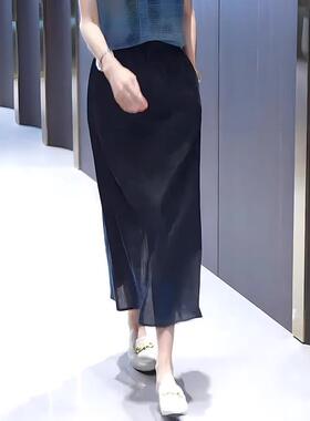 身裙女夏季新款气质通勤抽绳松紧开叉显瘦垂感a字中长裙子0613r