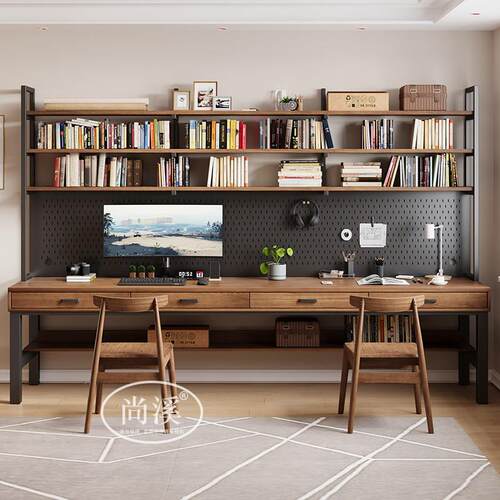 实木长条桌书桌洞洞板书架All桌双人靠墙学习桌学生家用书房