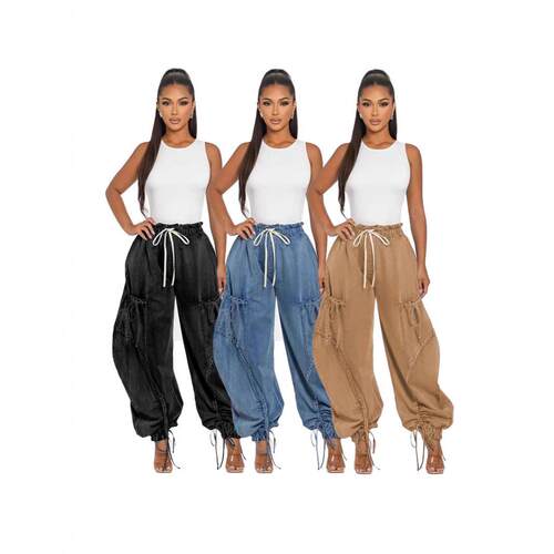 Lace Up Wide Leg Jeans Cargo Pants Sexy Women High Waist