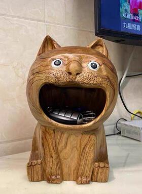 实木招财猫可爱家居摆饰玄关装饰开业送礼祝福大嘴猫木雕钥匙收纳