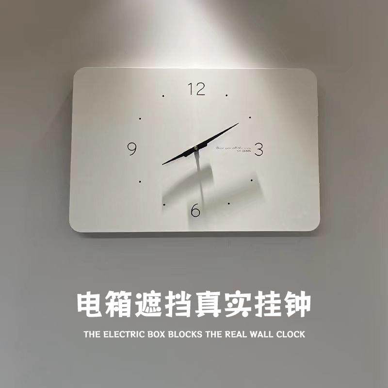 电表箱装饰画 画带钟表客厅简约挂钟电闸配电盒遮挡竖款真时钟免