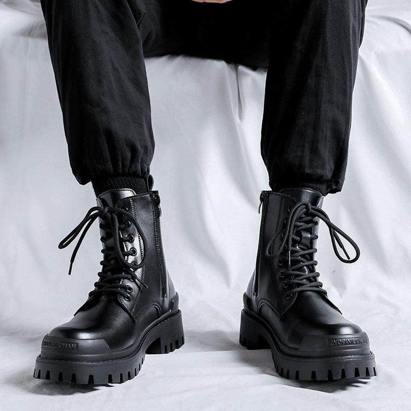 2025冬季马丁靴厚底高帮英伦侧拉链高帮皮鞋复古机车靴工装男士靴