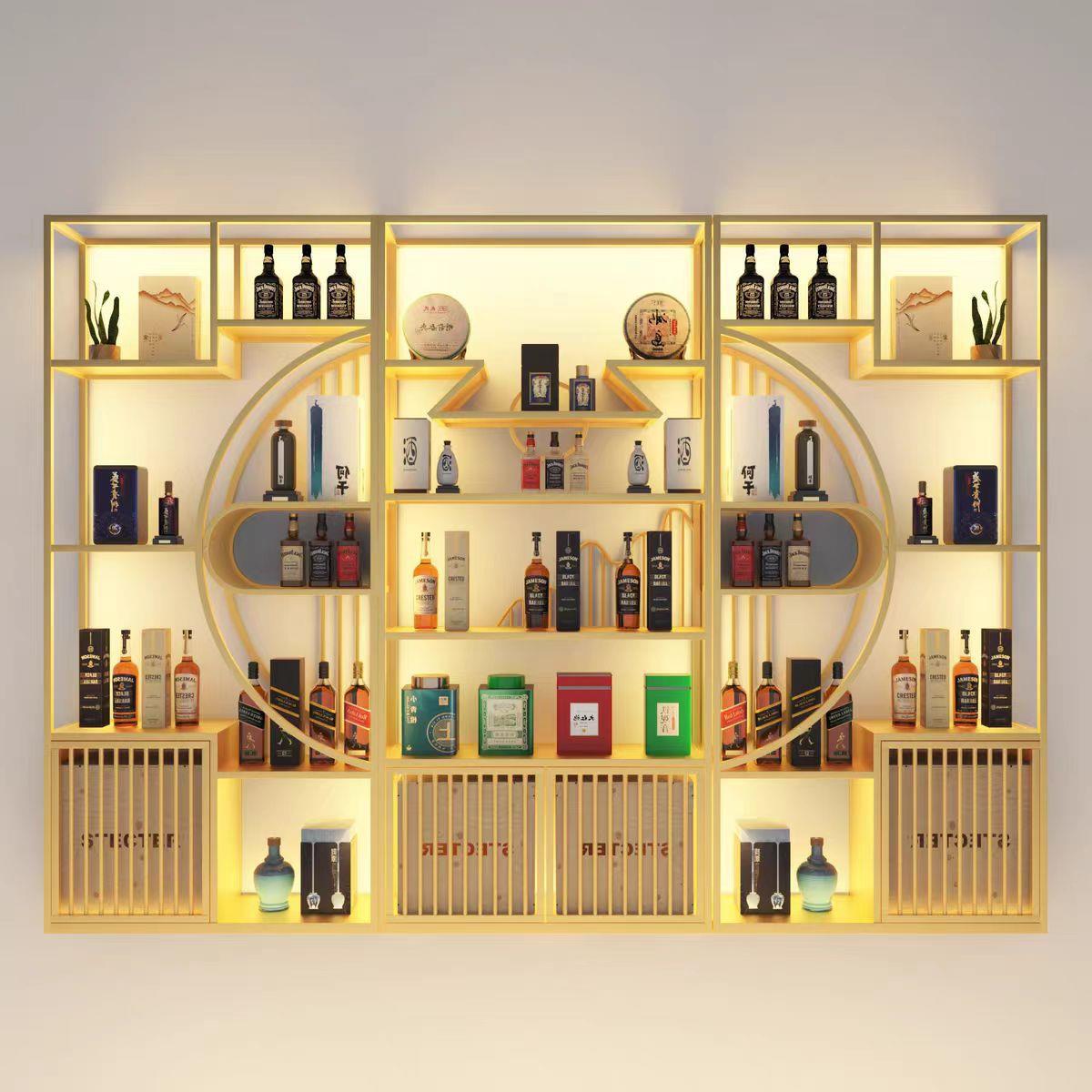 新中式酒柜博古架组合轻奢铁艺置物架酒架办公室隔断多宝阁展示架