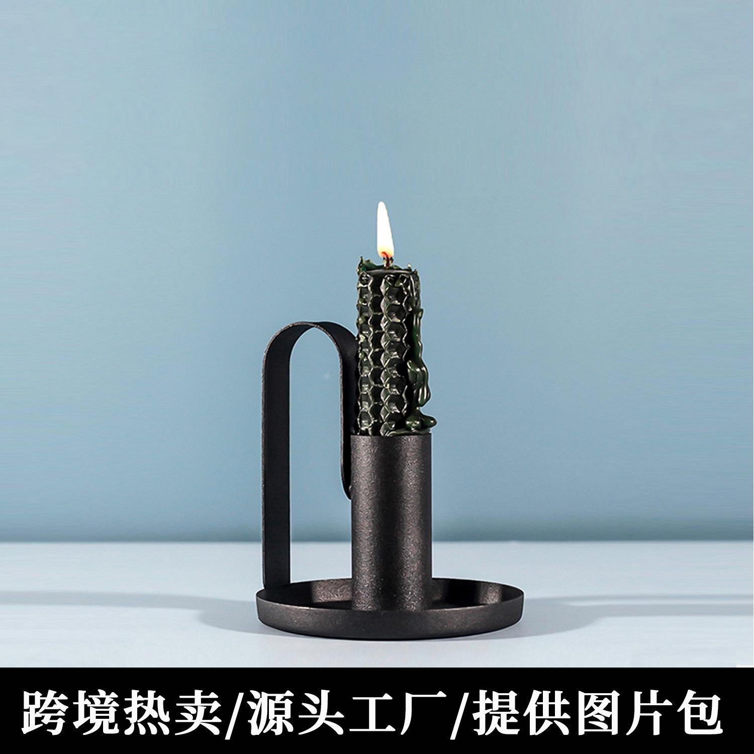 跨境烛台复古亚马逊简约小型黑色铁艺金属蜡烛台摆件圆形蜡烛底座