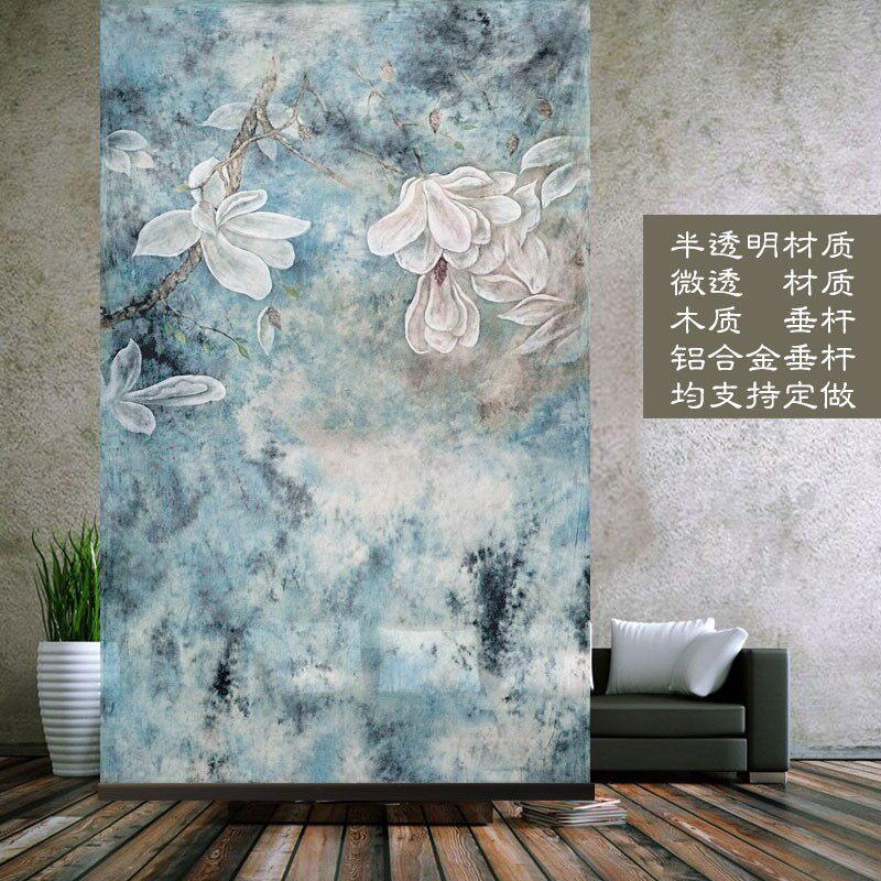 新中式纱屏风软屏风挂式屏风挂屏中式半透明挂帘卷帘玉兰印象