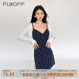 funoff夏季法式复古小碎花，v领收腰连衣裙女bm风短裙显瘦吊带裙女