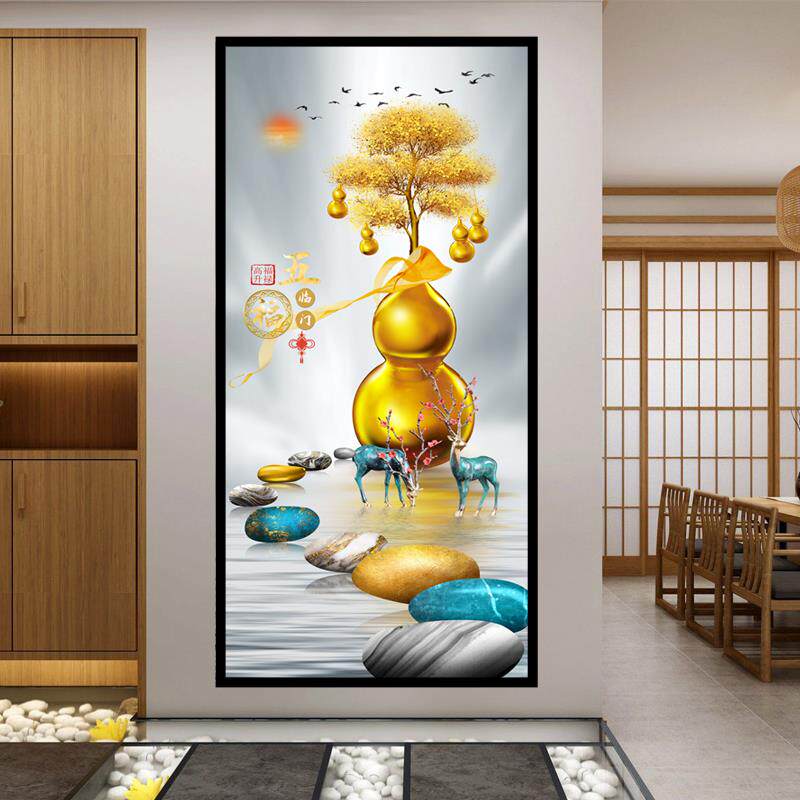 现代简约五福临门入户玄关背景墙纸自粘整张装饰竖版创意防水墙贴