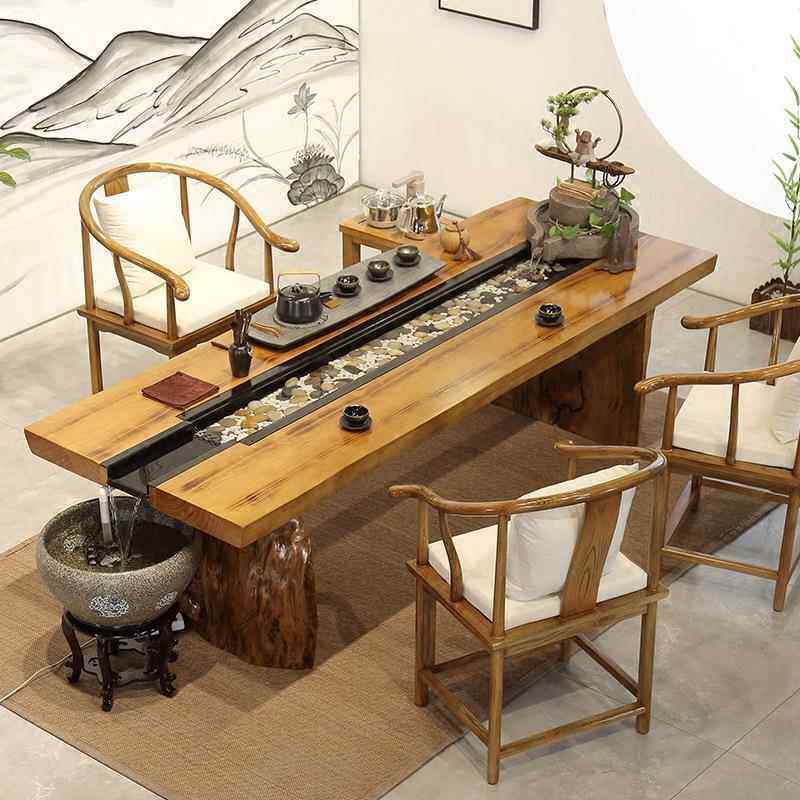 新中式流水实木茶台循环养鱼茶桌创意仿古茶台禅意功夫茶桌椅组合
