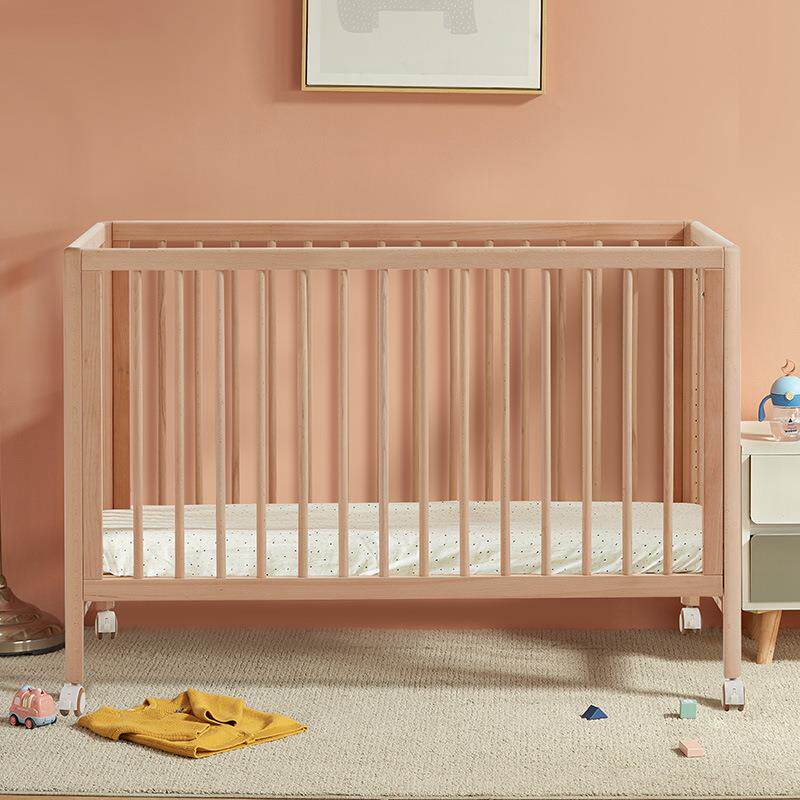 榉木婴儿床带滚轮新生宝宝床榉木无漆儿童床婴儿拼接床baby bed