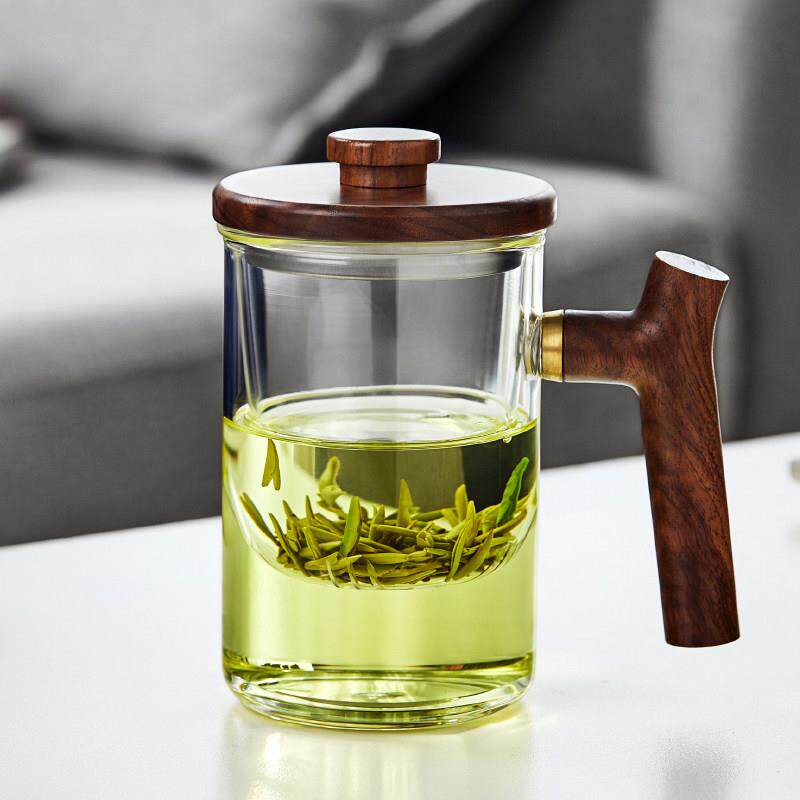 木柄玻璃过滤茶杯,茶水分离绿茶杯,办公室带盖男士水杯,家用杯