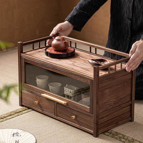 胡桃木复古收纳柜带抽屉博古架高档家用茶杯紫砂茶壶收纳置物架子