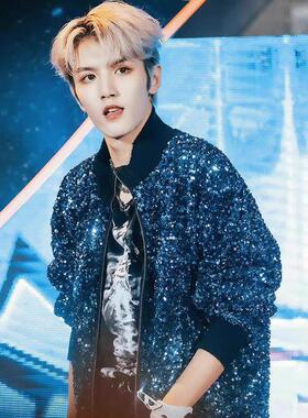 刘宇明星同款蓝色亮片舞台演出服装男女歌手演唱会棒球服夹克外套