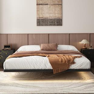 黑色极简齐边悬浮床无床头实型木COL床榫卯实双木床主卧室全小户