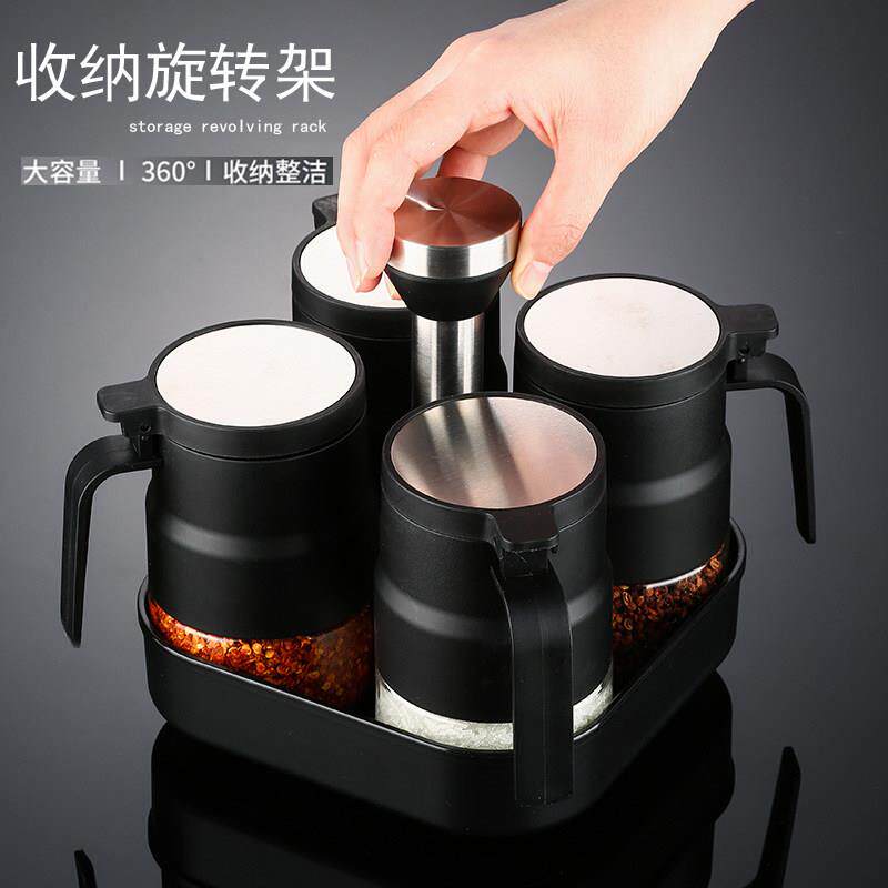 家用玻璃调味罐旋转式料罐组合装厨房调料盒套装有盖大号密封盐罐