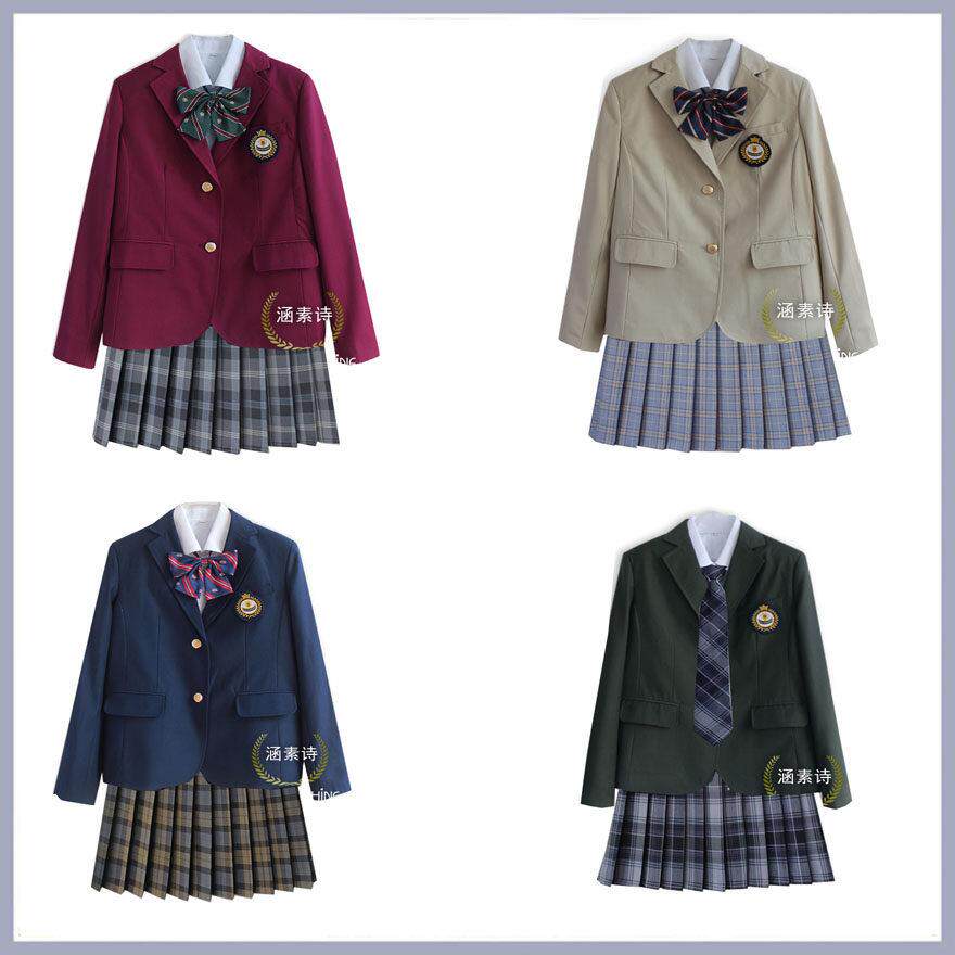 现货(外套+衬衫+裙)可定做班微标女英伦学院学生制服班服校服套装
