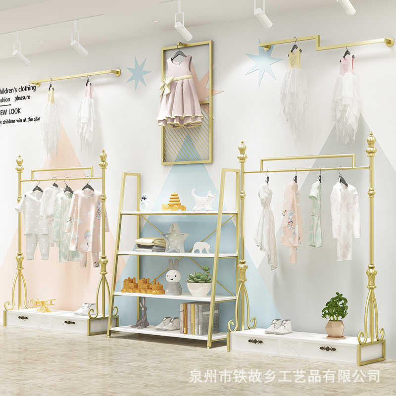 北欧金色铁艺服装架 落地商场童装店挂衣架组合轻奢婚纱店展示架