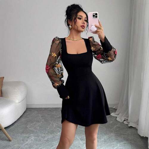 Valentines Day New Square Neck Floral Mesh Patchwork Bubble