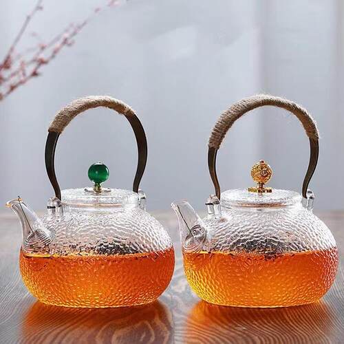 高硼硅玻璃茶壶锤纹煮茶壶电陶炉用烧水壶铜把提梁壶玻璃茶具