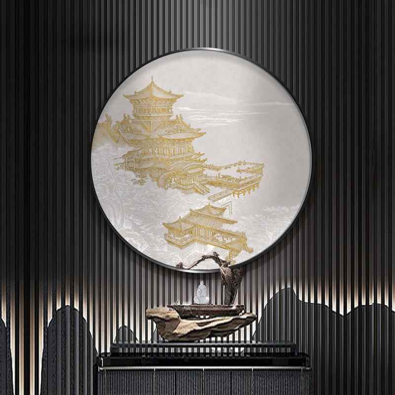新中式古风建筑装饰画玄关云雾仙境圆形壁画茶室书房禅意水墨挂画图片