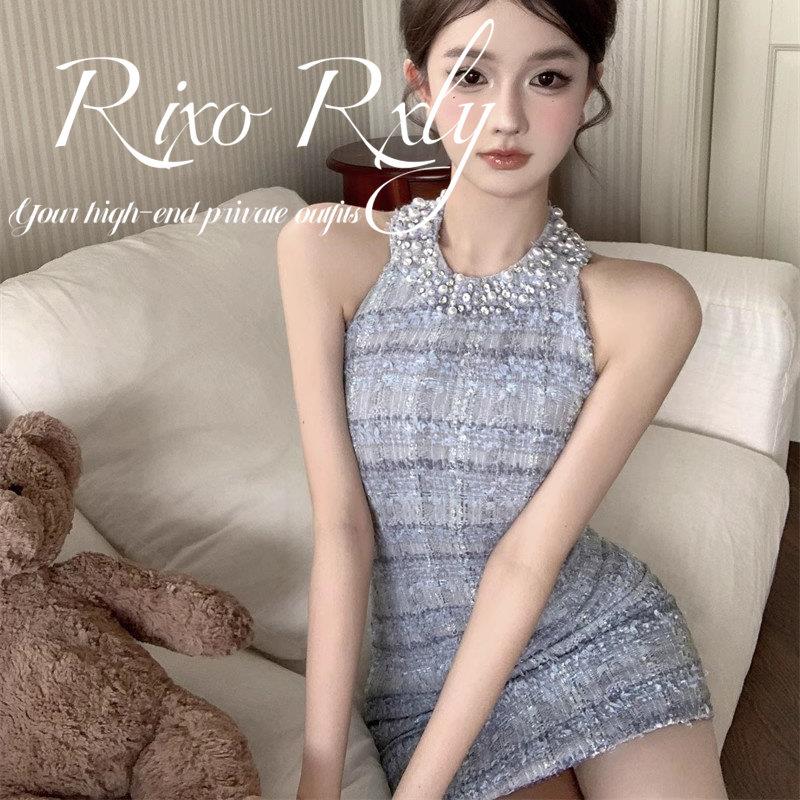 RIXO RXLY小香风钉珠吊带洋装女夏季小众设计感收腰显瘦抹胸裙