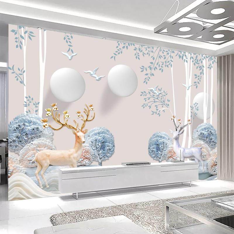 电视墙背景墙贴3d现代简约麋鹿墙画壁纸影视墙装饰客厅自粘壁画