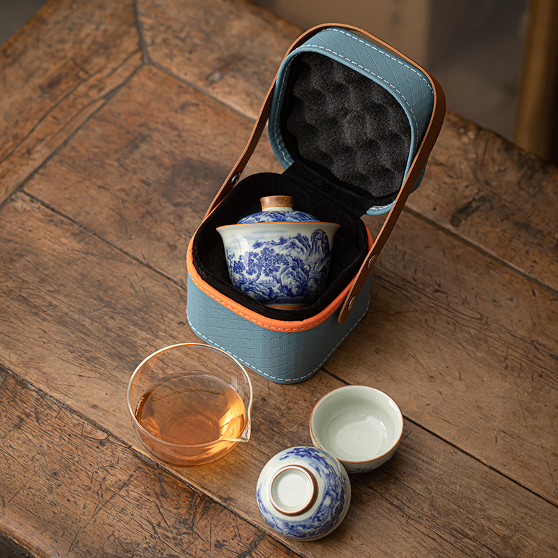 旅行茶具套装一壶两杯青花山水户外随身功夫茶具便携式盖碗快客杯