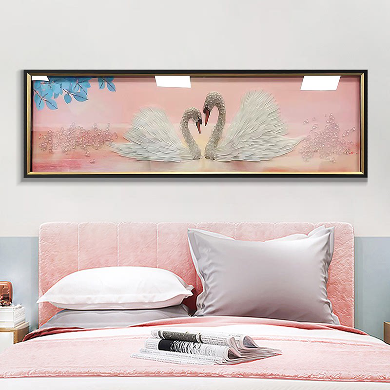 S2728 L高货手工装饰画高端立体实物画卧室镶嵌羽毛恩爱天鹅50150