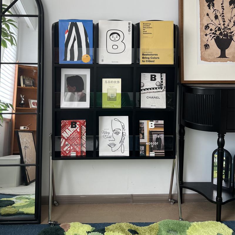 中古杂志架覆古客厅阳台实木书报刊展示架北欧落地可移动置物架子