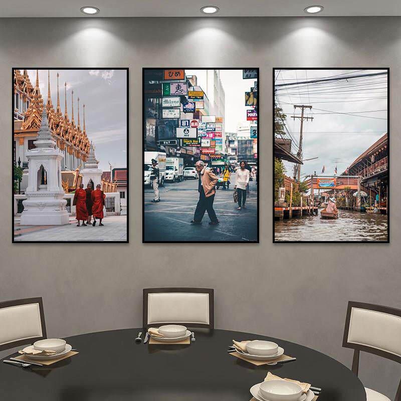 泰国建筑街景装饰画 画泰式饭厅夜市市集风景挂画 画东南亚风格餐