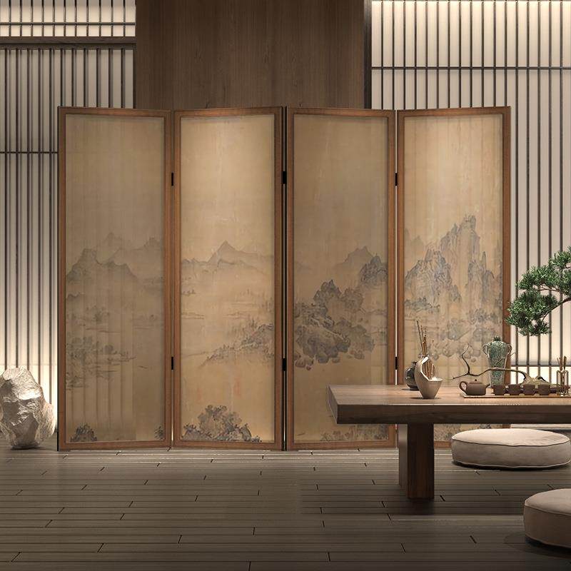 东方美学新中式屏风隔断客厅玄关茶室酒店民宿餐厅实木折屏山水画