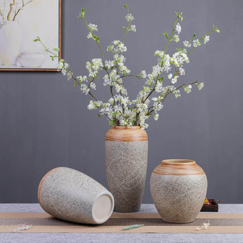 高级感手工雕刻线 线条陶瓷花瓶摆件新中式客厅装饰覆古花器插花