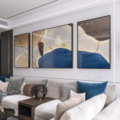 石来运转客厅装饰画轻奢高档沙发背景墙挂画简约抽象麋鹿三联壁画