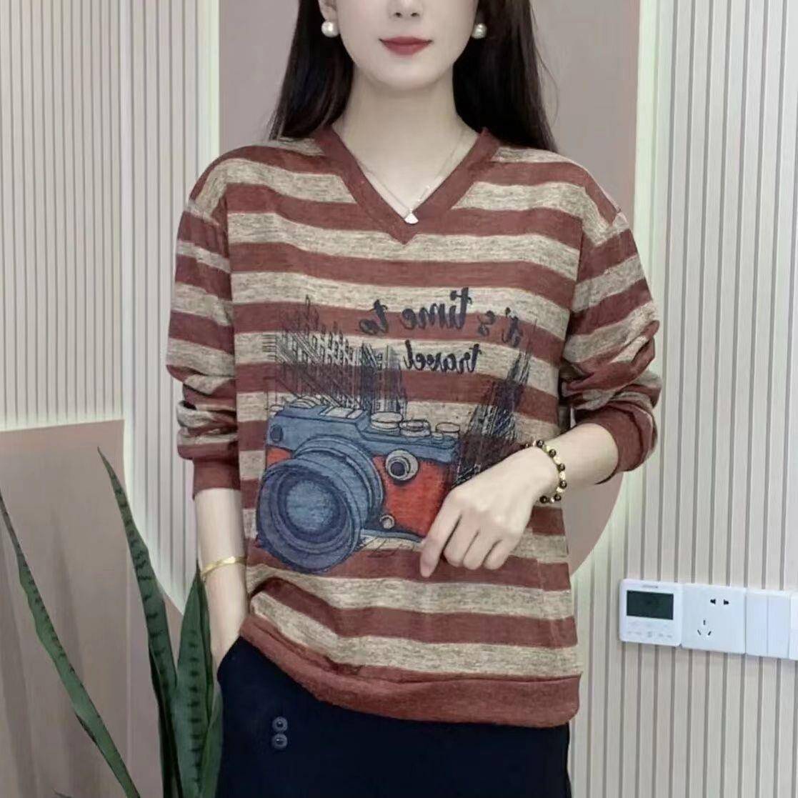 极速中年复古条纹t恤显瘦打底衫妈妈长袖遮肚子洋气时尚小衫女士