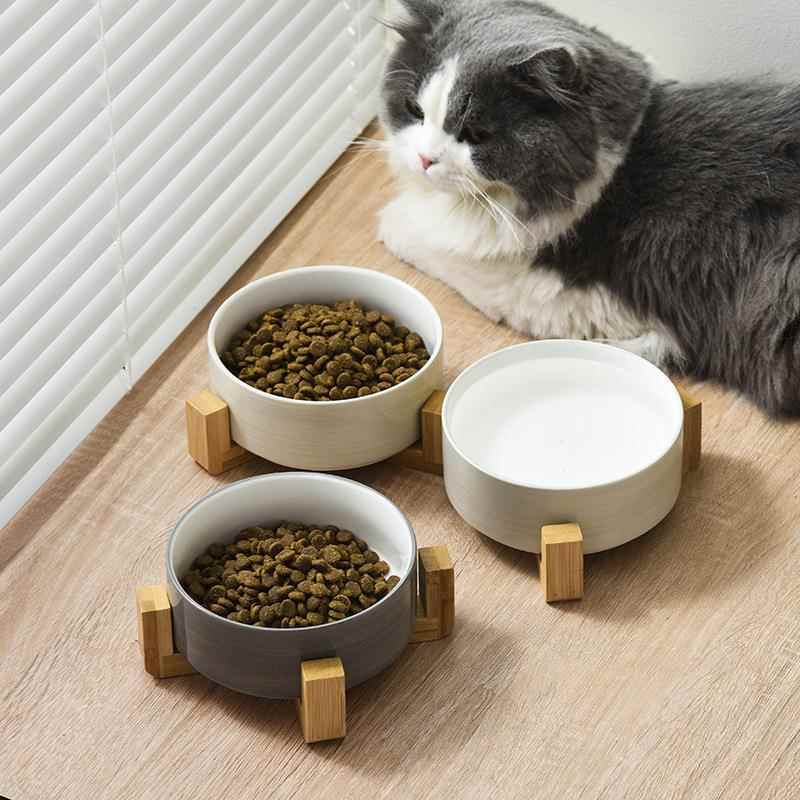 陶瓷猫碗狗狗食盆防打翻木架幼猫专用猫碗双碗饮水喂食宠物碗用品