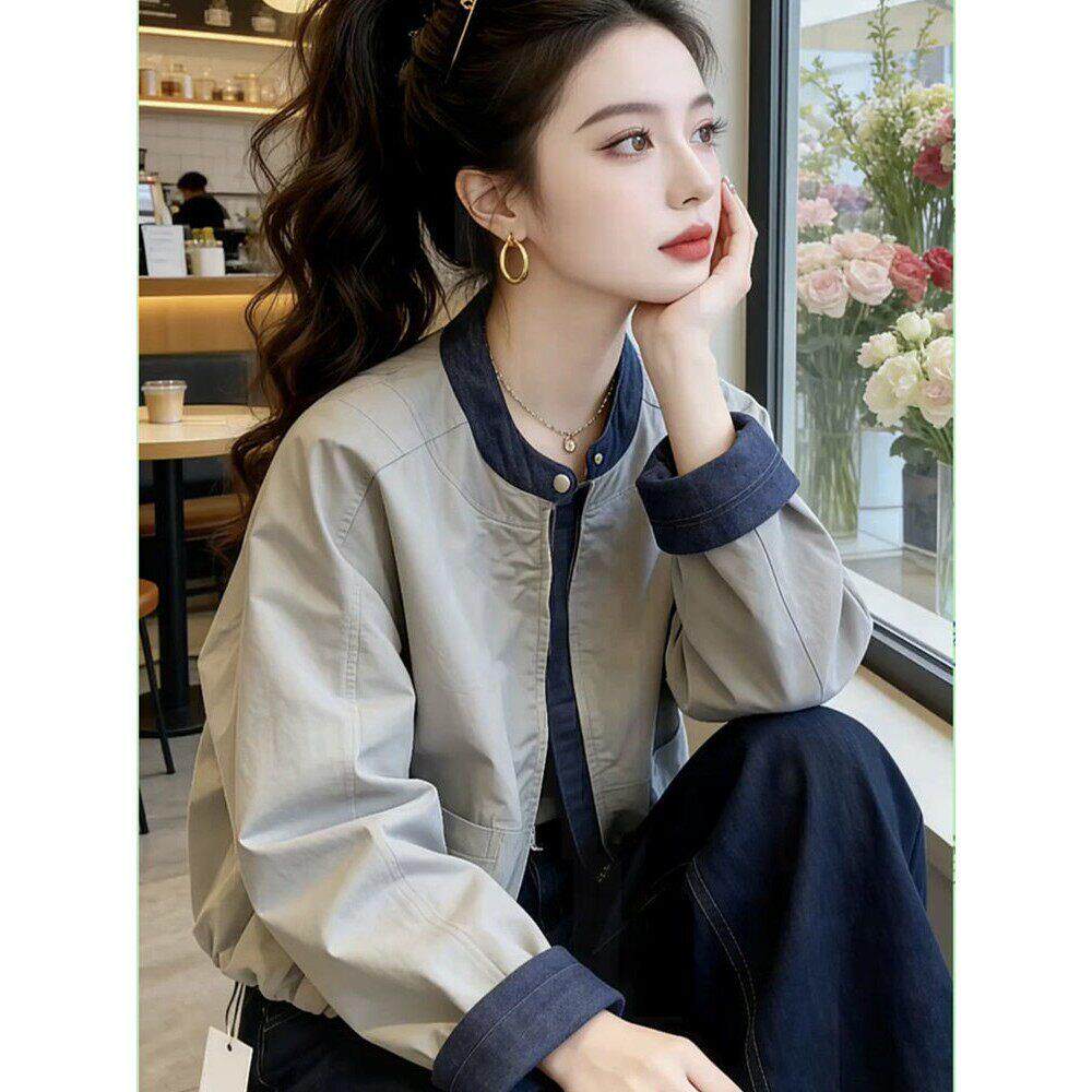 2026春秋网红新款时尚牛仔拼接外套女韩版宽松立领显瘦棒球服上衣