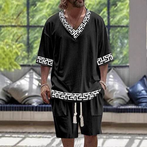Men's Summer Short sleeved Knitted Shirt Shorts V-neck