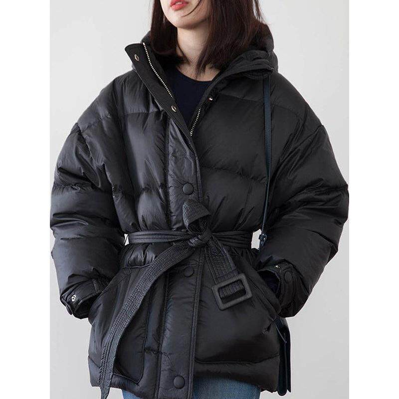 专柜2025冬新款小个子系带羽绒服女休闲保暖连帽白鸭绒外套大衣潮