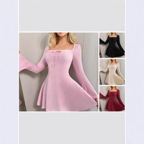 Solid Color Bow Decor Long Sleeve Square Neck Knit Dress