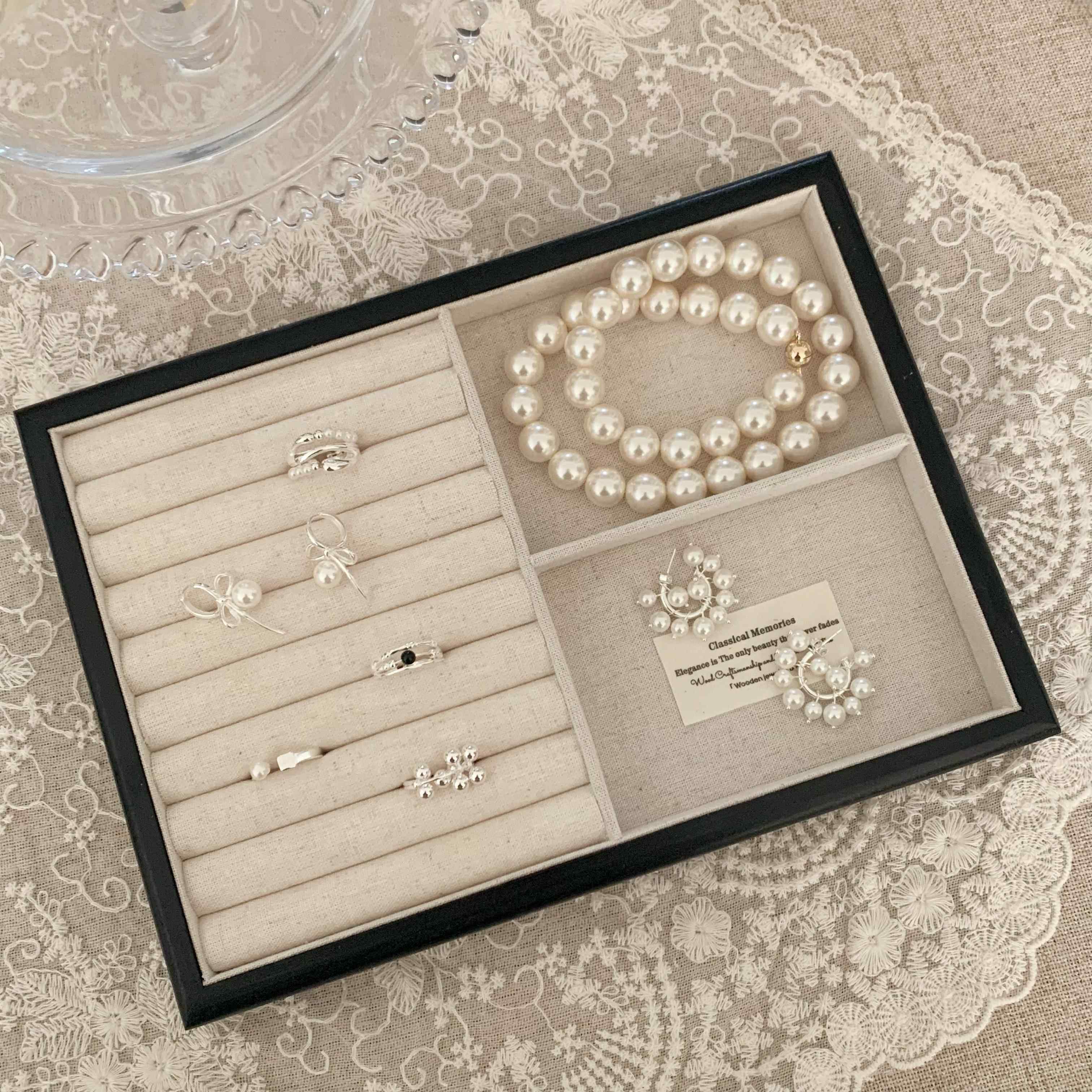 高档法式黑色实木托盘珍珠衬项盘链展示麻布内饰戒指收纳盒木质托